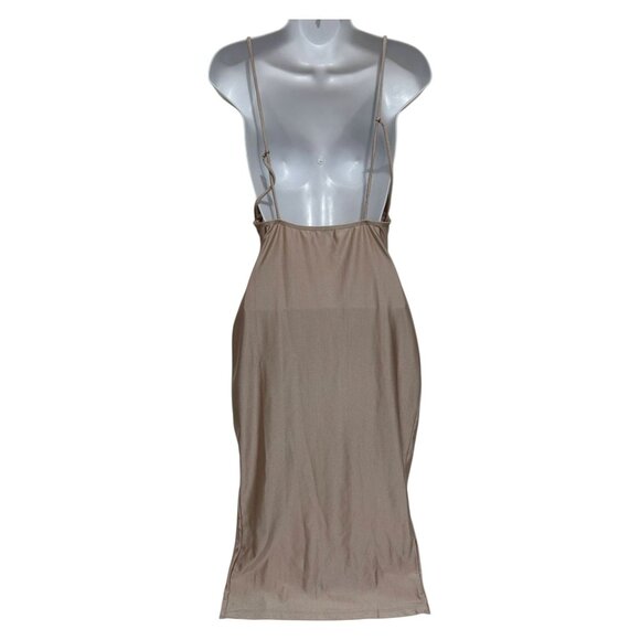 Glare Womens Size M Cowl Neck Beige Midi Slip Dress Bodycon Backless Formal - Picture 2 of 12